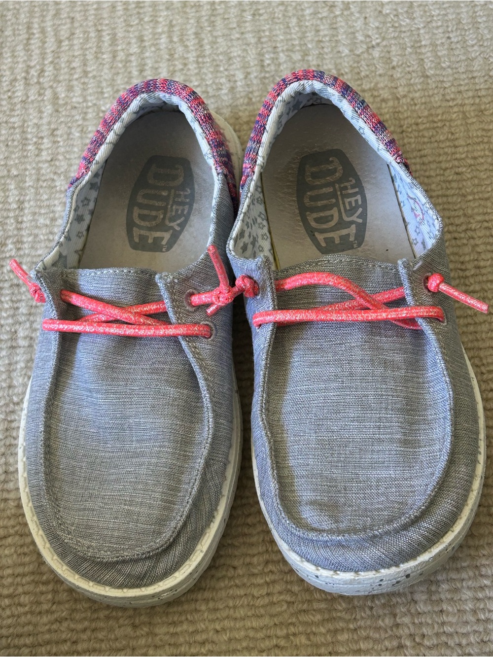 Hey Dude Gray Canvas Slip-On Shoes with Coral Pink Laces